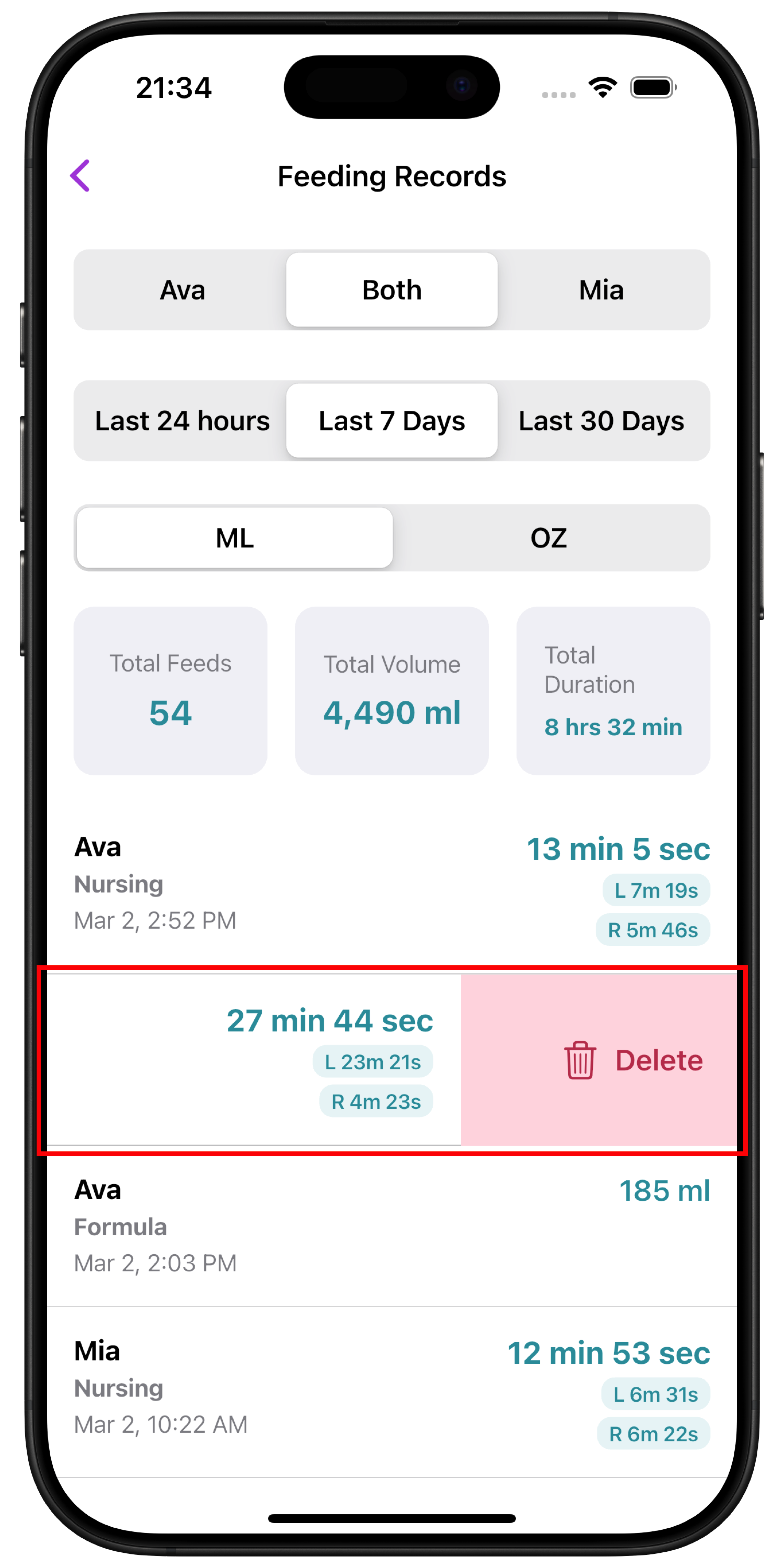 Swipe right on a feeding record to delete it