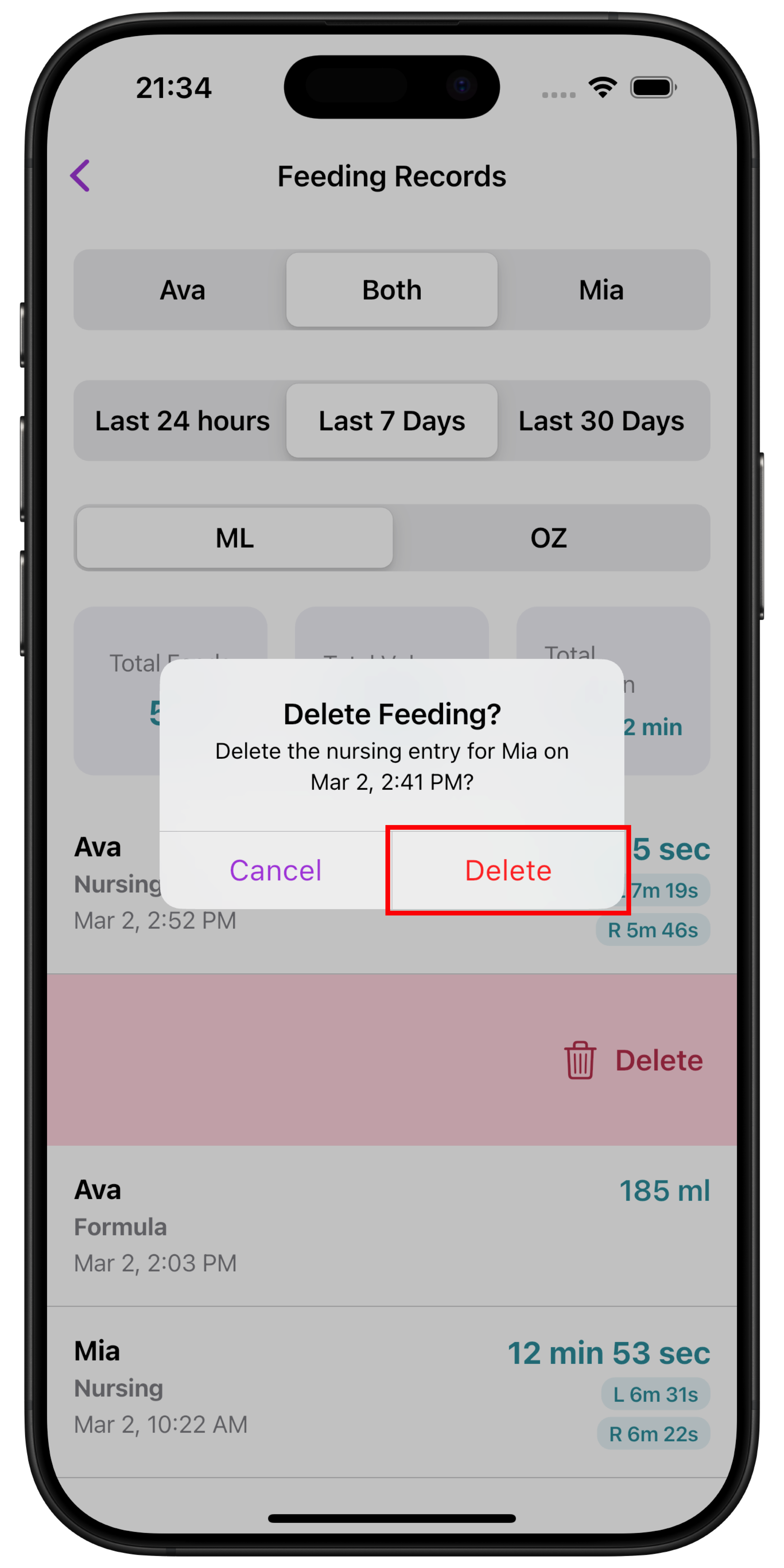 Confirm deleting a feeding record