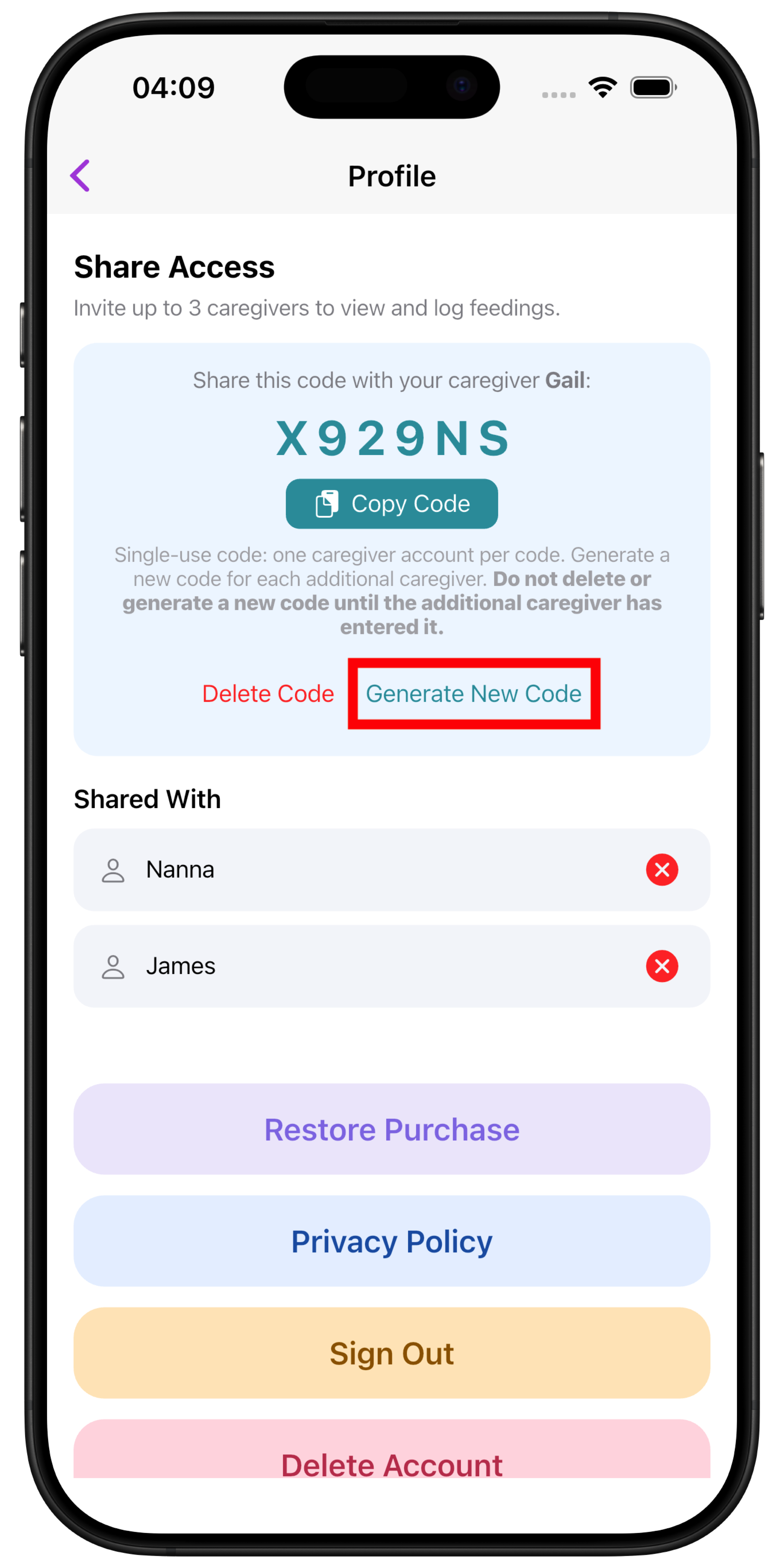 Generate new invite code screenshot