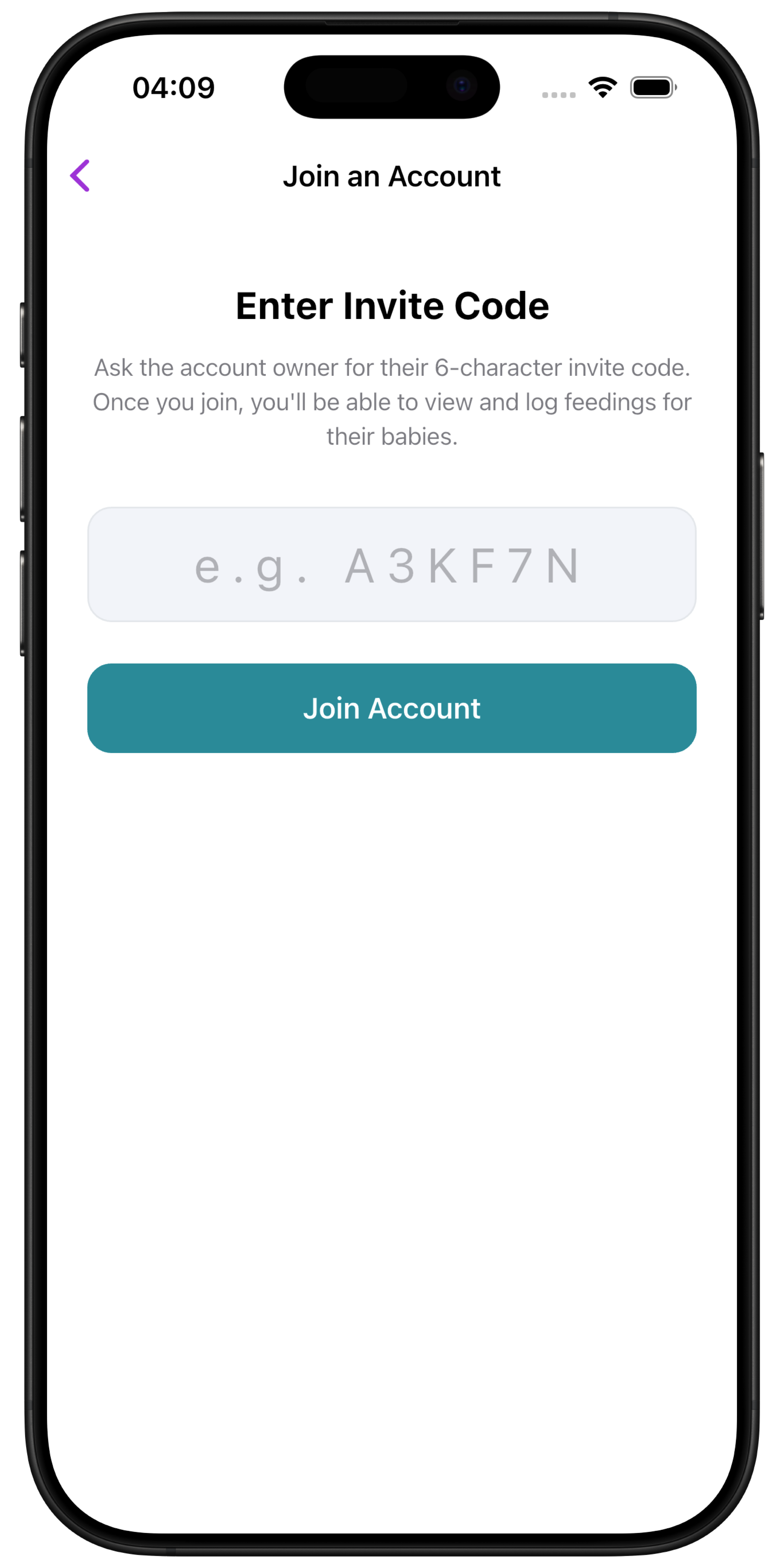 Enter invite code screen